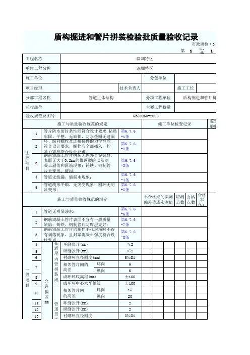 盾构掘进和管片拼装检验批质量验收记录