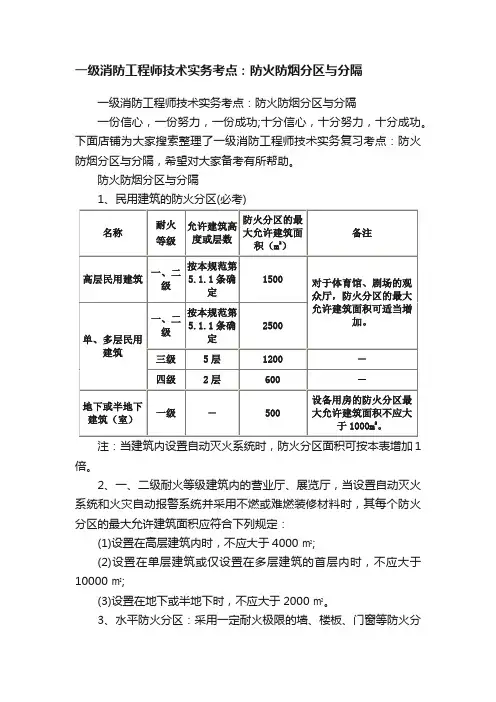 一级消防工程师技术实务考点：防火防烟分区与分隔