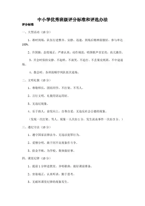 中小学优秀班级评分标准和评选办法