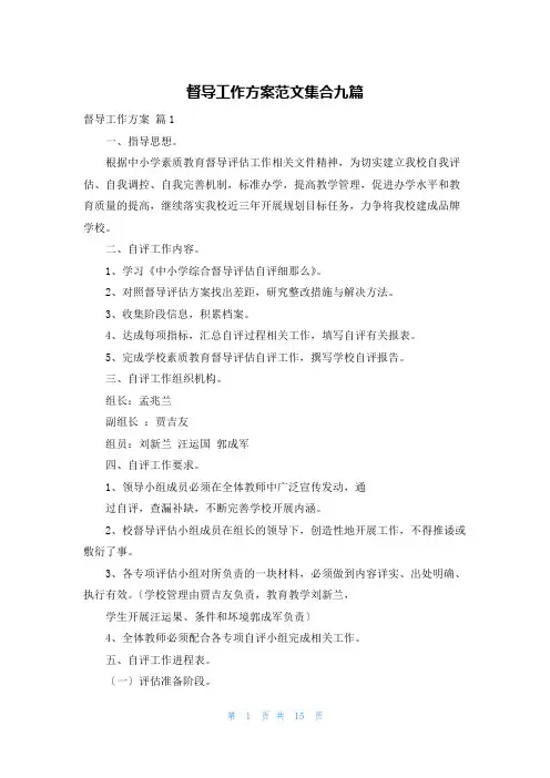 督导工作计划范文集合九篇