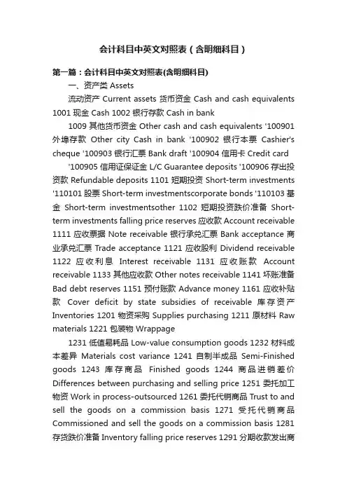 会计科目中英文对照表（含明细科目）