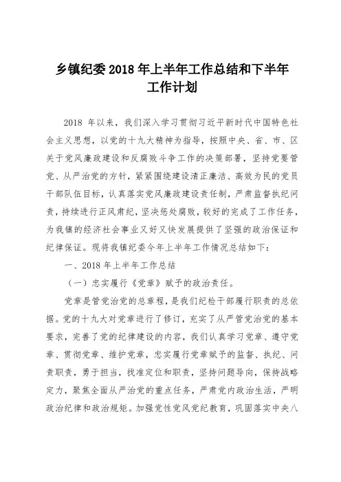 乡镇纪委2018年上半年工作总结和下半年工作计划