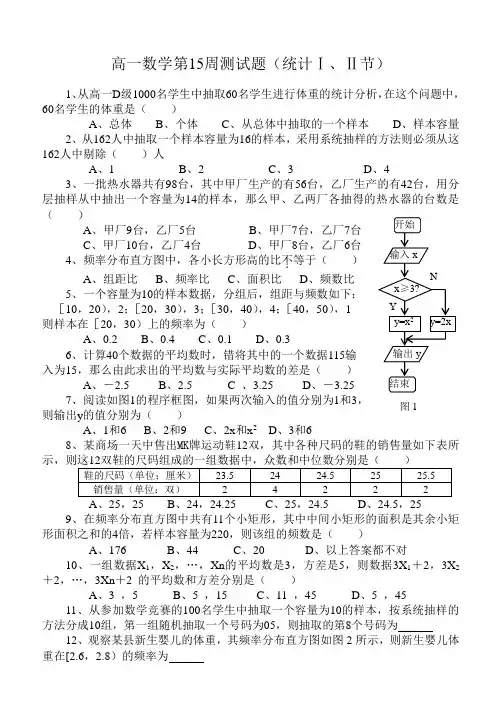高一数学第15周测试题(统计Ⅰ、Ⅱ节)定稿