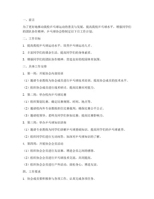 乒乓球协会月工作计划