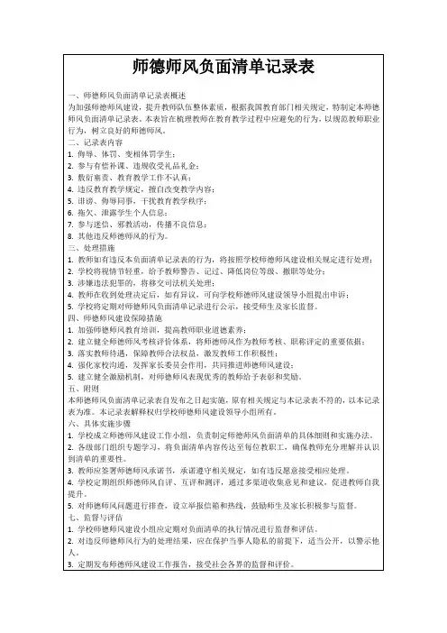 师德师风负面清单记录表