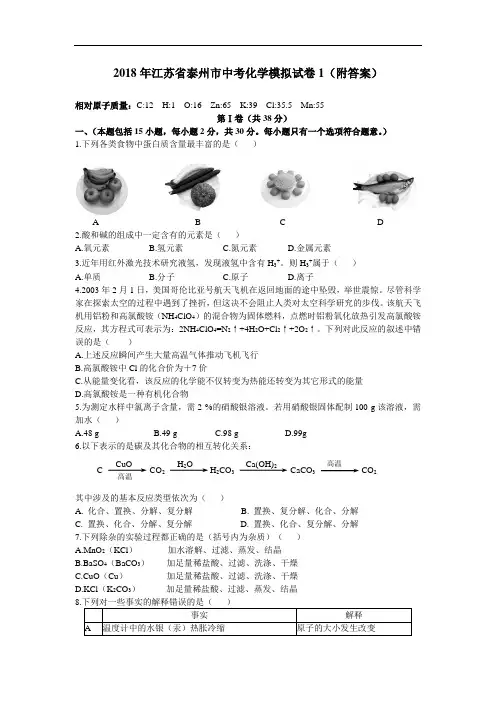 最新-2018年江苏省泰州市中考化学模拟试卷1(附答案) 