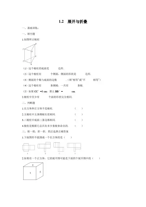 最新北师大版数学七年级上册《展开与折叠》同步精品练习题