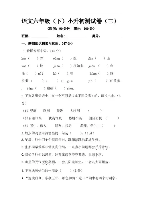 名校冲刺小升初语文模拟测试卷(三)(含答案)