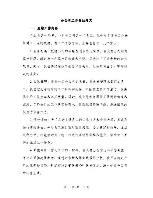 分公司工作总结范文（三篇）