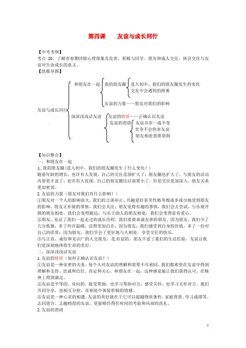 2016年秋季版七年级道德与法治上册第二单元友谊的天空第四课友谊与成长同行知识点总结新人
