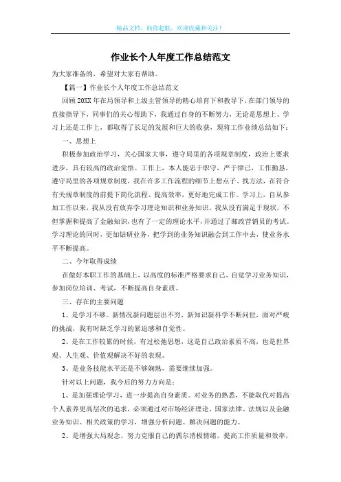 作业长个人年度工作总结范文