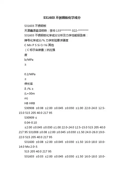 S31603不锈钢板化学成分