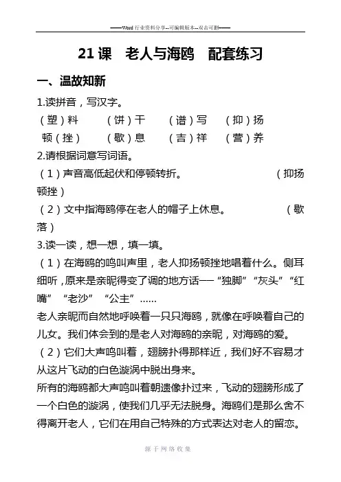 第21课--老人与海鸥--配套练习和答案