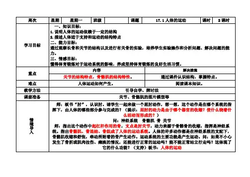 苏科版生物八年级上册 6.17.1 人体的运动 教案
