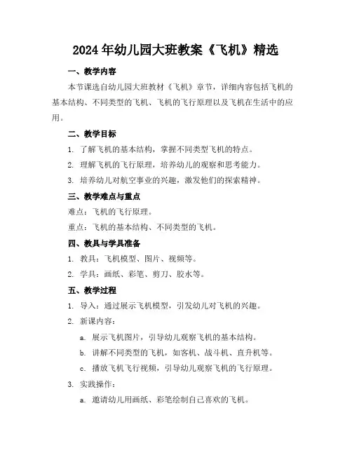 2024年幼儿园大班教案《飞机》精选