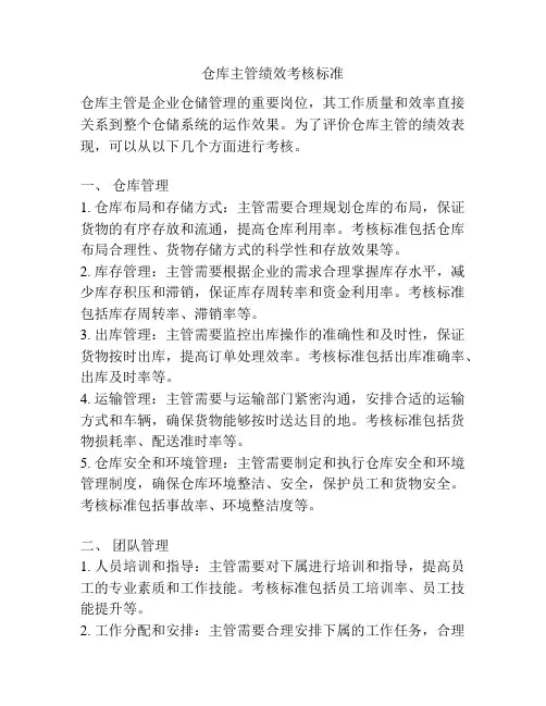 仓库主管绩效考核标准