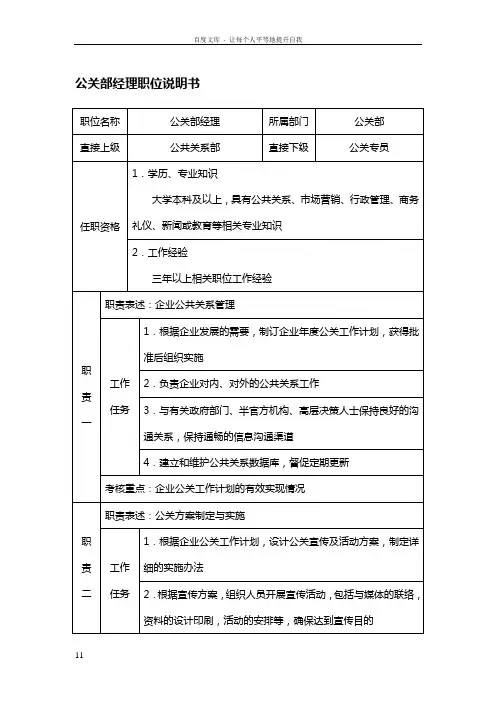 公关部经理职位说明书