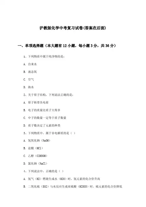 沪教版中考化学试卷及答案指导