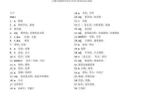 (完整)鲁教版初中英语七年级下册单词汉语(背诵)