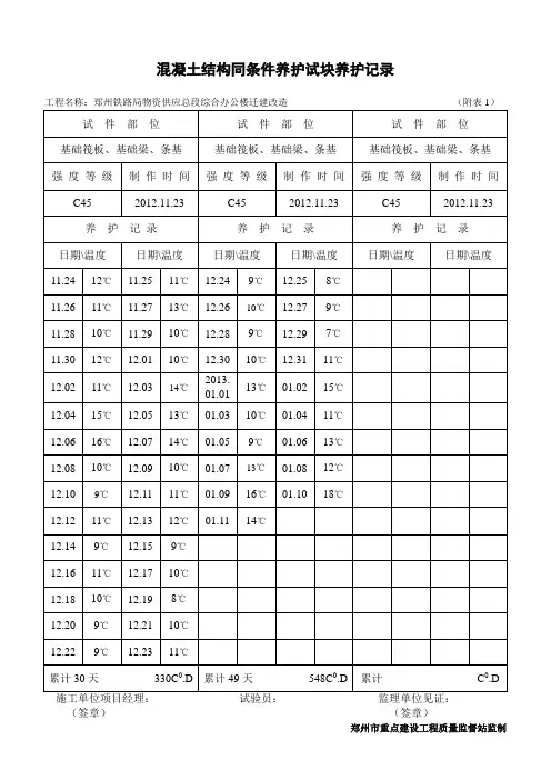 混凝土结构同条件养护试块养护记录