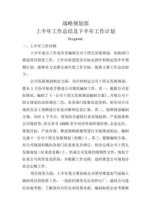 规划部上半年工作总结及下半年工作计划