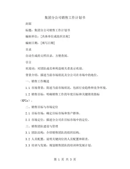 集团分公司销售工作计划书
