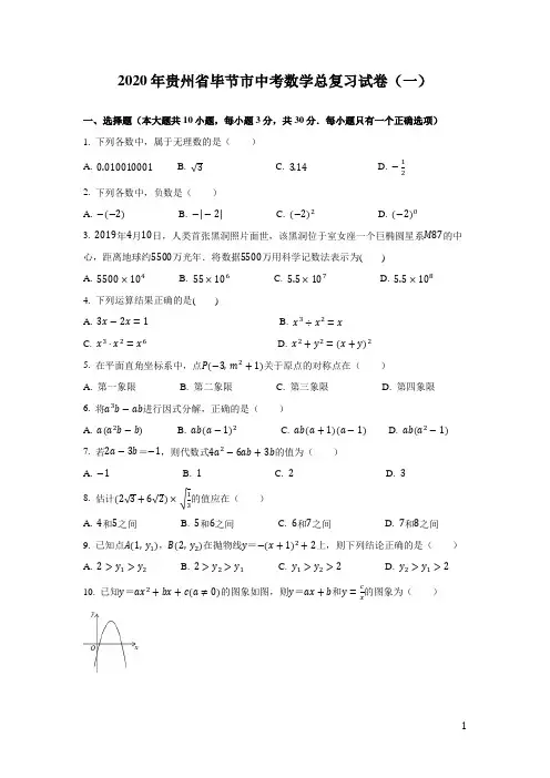 贵州省毕节市2020年中考数学总复习试卷(一)及答案