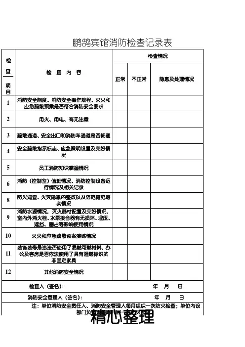 宾馆消防安全记录表格模板