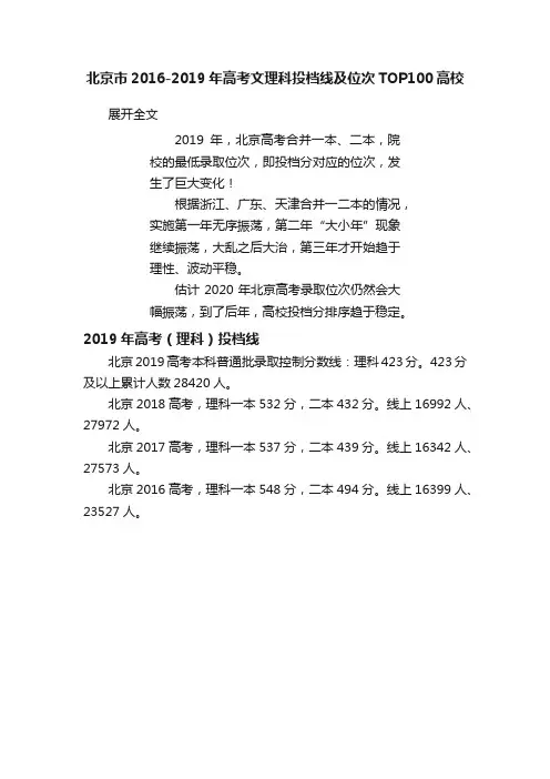 北京市2016-2019年高考文理科投档线及位次TOP100高校