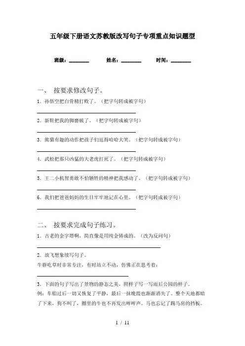 五年级下册语文苏教版改写句子专项重点知识题型
