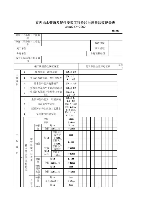 050201_室内排水管道及配件安装工程检验批质量验收记录表