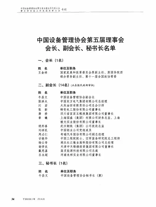 中国设备管理协会第五届理事会会长、副会长、秘书长名单