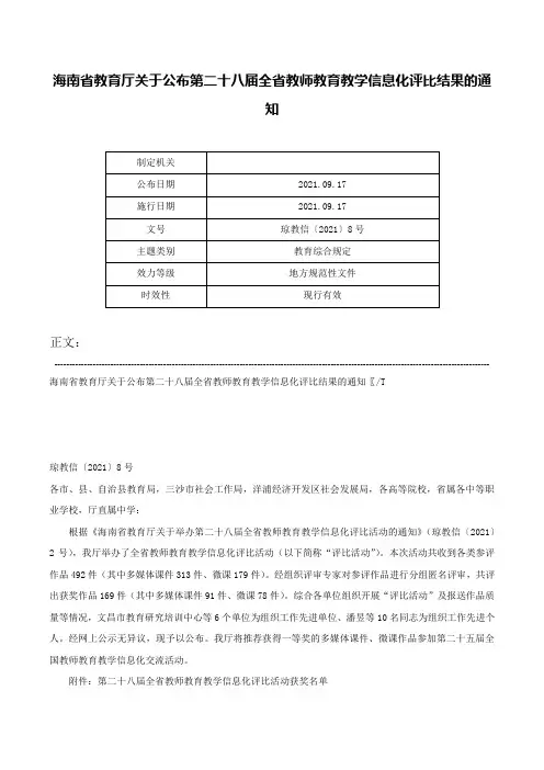 海南省教育厅关于公布第二十八届全省教师教育教学信息化评比结果的通知-琼教信〔2021〕8号