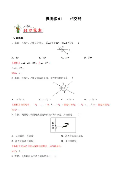 巩固练01 相交线-2020年【衔接教材·暑假作业】七年级数学(人教版)(解析版)