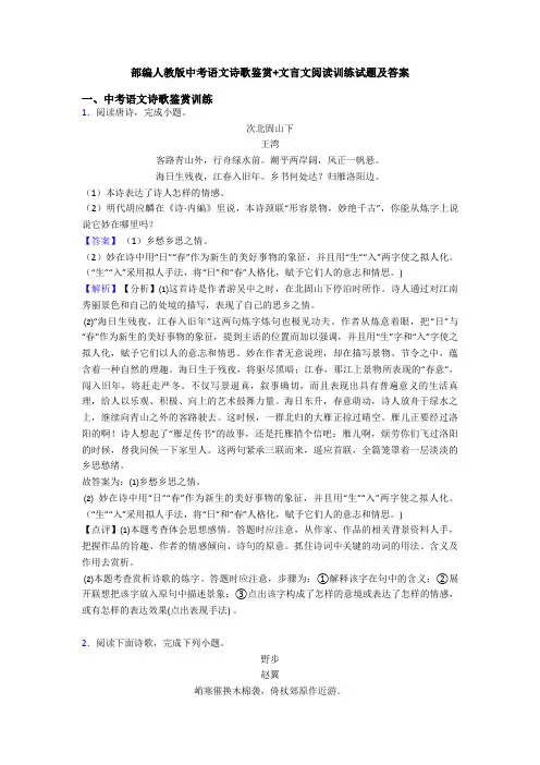 部编人教版中考语文诗歌鉴赏+文言文阅读训练试题及答案