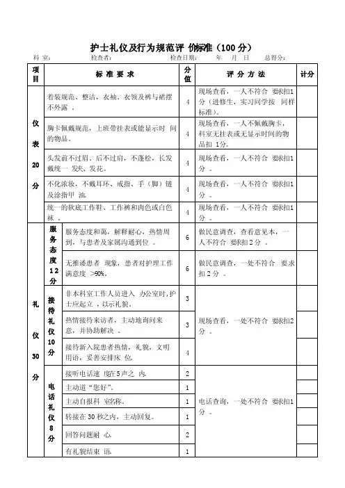 护士礼仪及行为规范评价标准