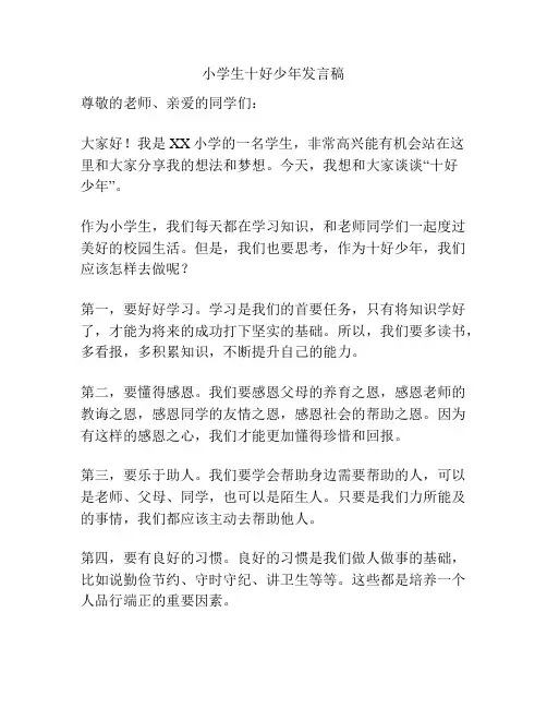 小学生十好少年发言稿