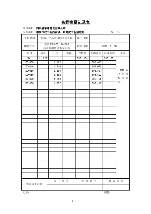 高程测量记录表