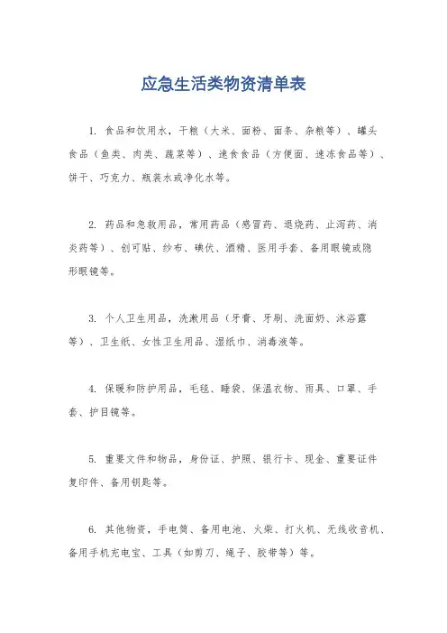 应急生活类物资清单表