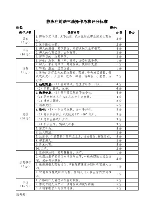 静脉注射法三基操作考核评分标准