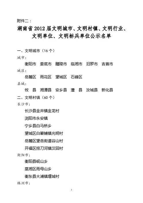 湖南省2012届文明城市、文明村镇、文明行业、文明单位、文明标兵单位公示名单