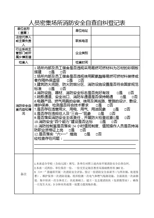 人员密集场所消防安全自查自纠登记表