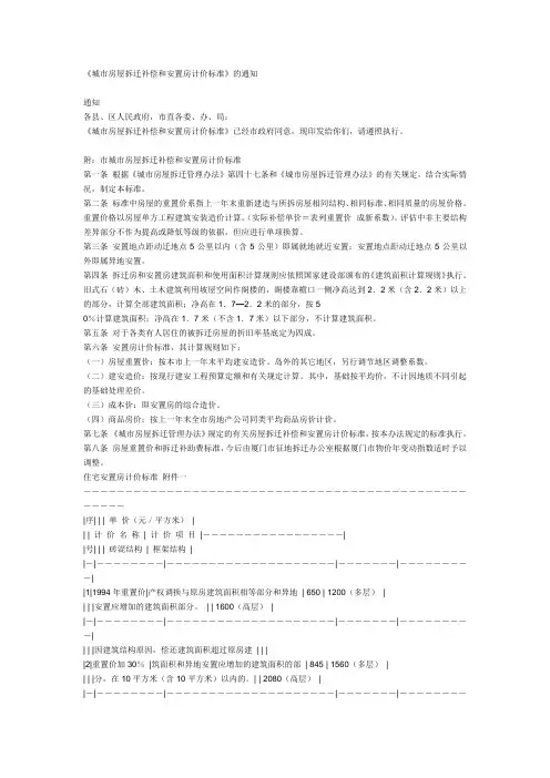《城市房屋拆迁补偿和安置房计价标准》的通知