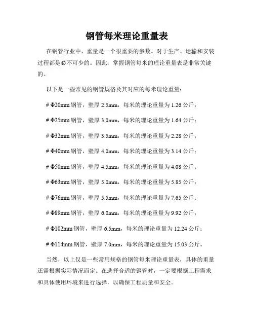 钢管每米理论重量表