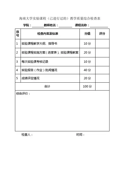 海南大学实验课程(已进行过的)教学质量综合检查表