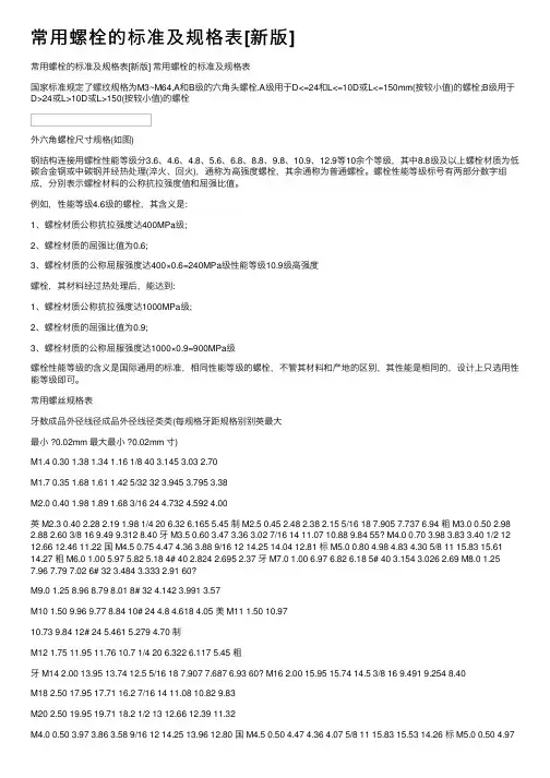 常用螺栓的标准及规格表[新版]
