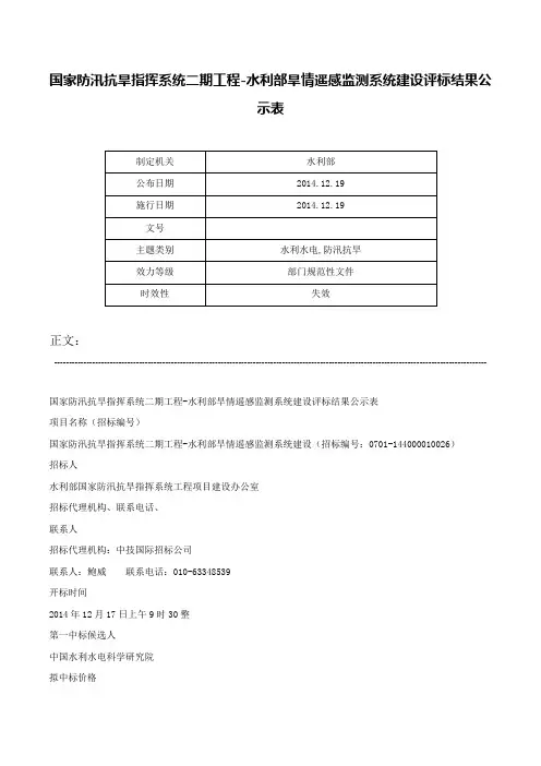 国家防汛抗旱指挥系统二期工程-水利部旱情遥感监测系统建设评标结果公示表-