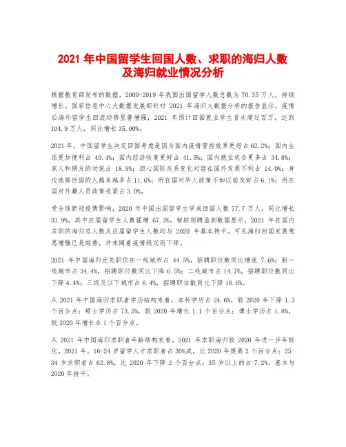 2021年中国留学生回国人数、求职的海归人数及海归就业情况分析