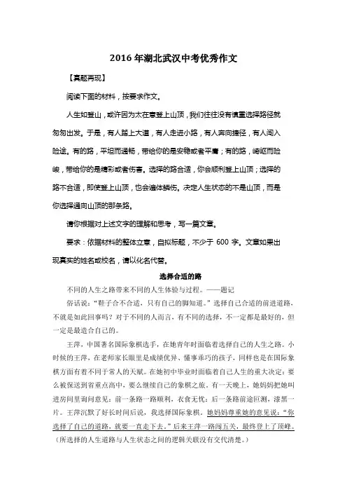 2016年湖北武汉中考满分作文《选择合适的路》