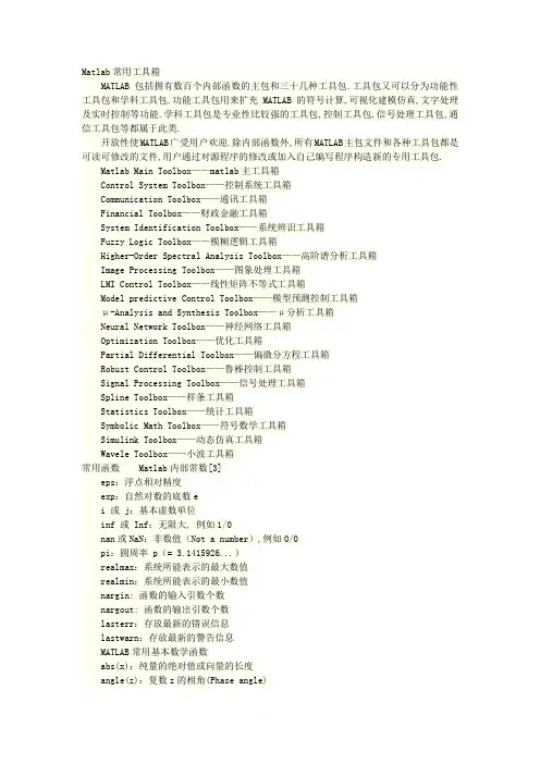 Matlab常用工具箱及常用函数